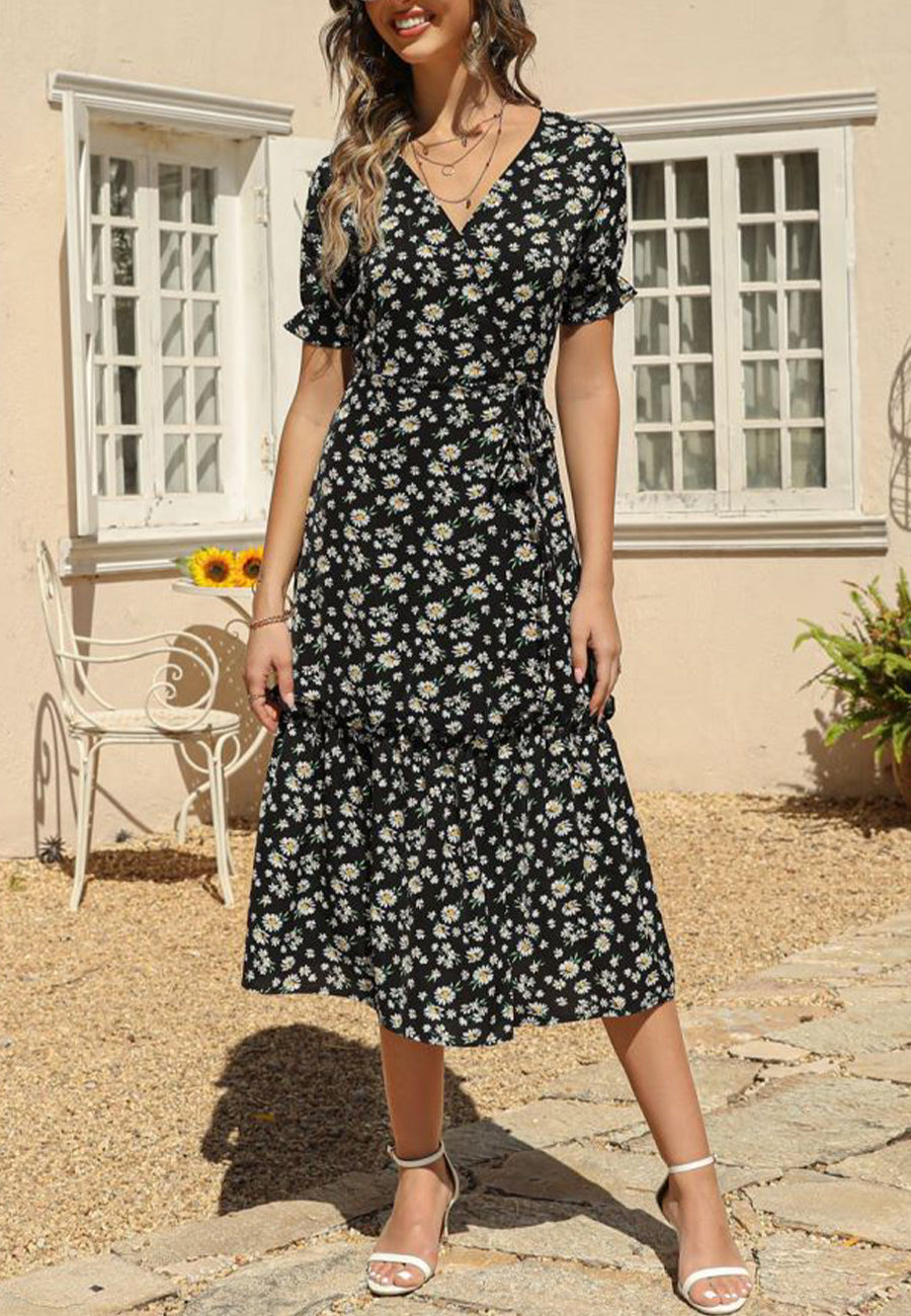V Neck Neck Daisy Print Midi Dress