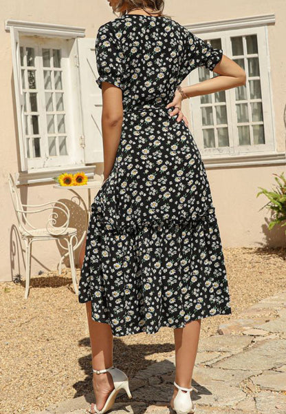 V Neck Neck Daisy Print Midi Dress