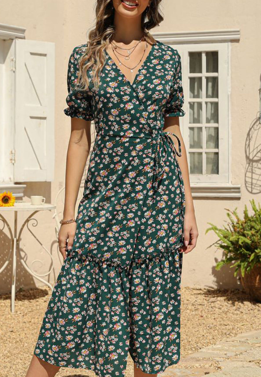 V Neck Neck Daisy Print Midi Dress