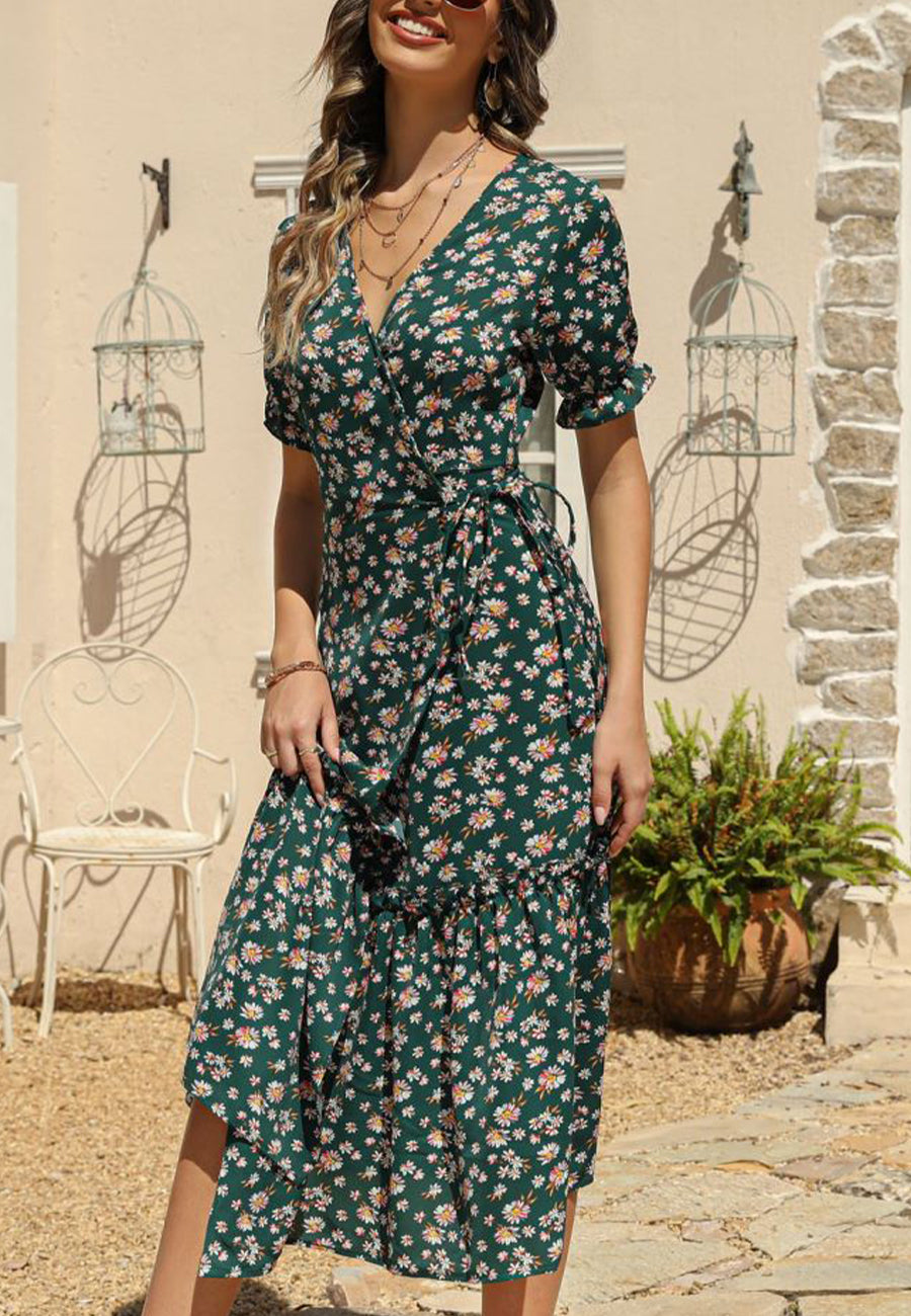 V Neck Neck Daisy Print Midi Dress