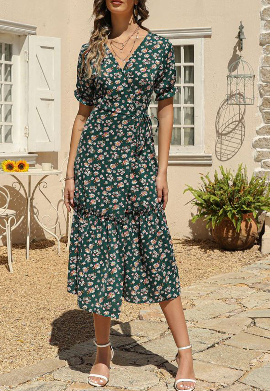 V Neck Neck Daisy Print Midi Dress