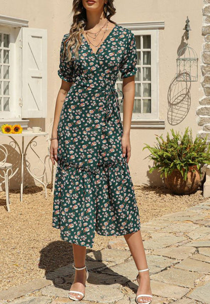V Neck Neck Daisy Print Midi Dress