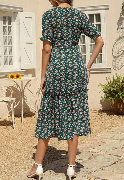 V Neck Neck Daisy Print Midi Dress