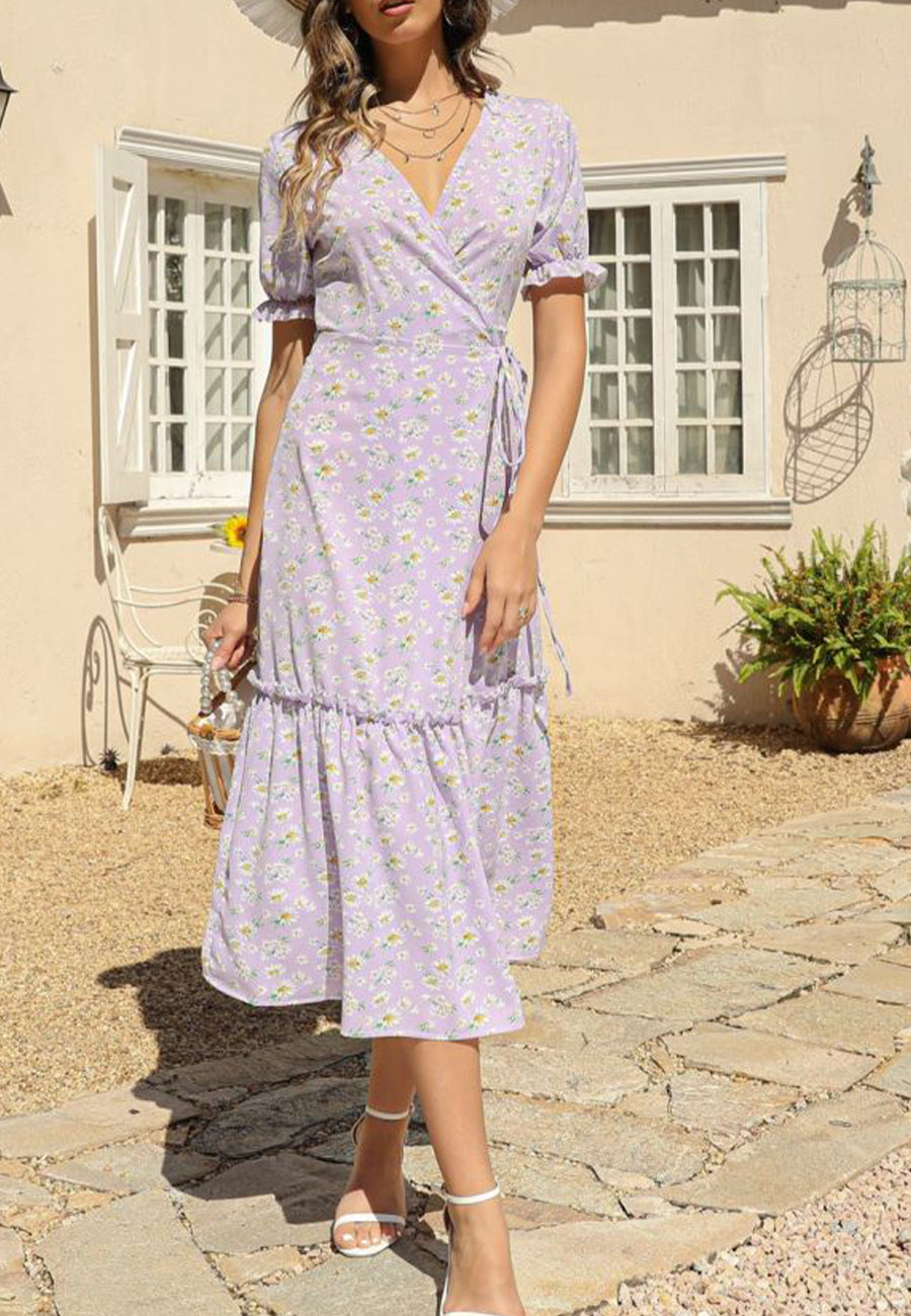V Neck Neck Daisy Print Midi Dress