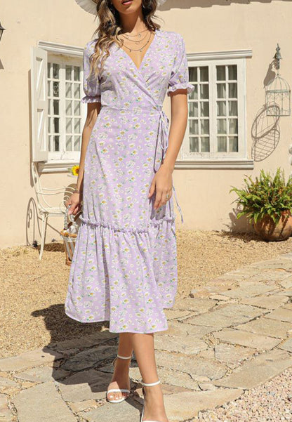 V Neck Neck Daisy Print Midi Dress