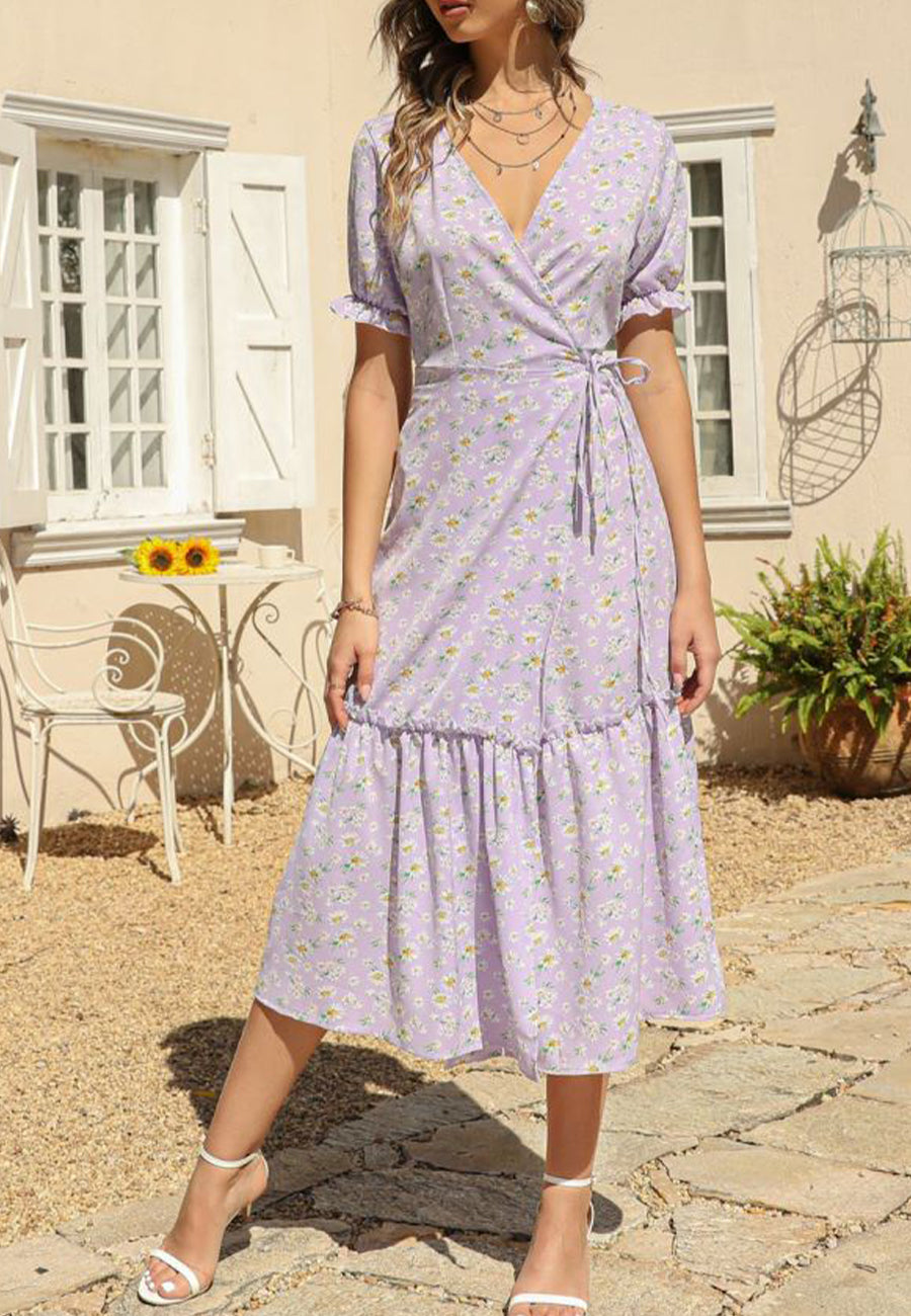 V Neck Neck Daisy Print Midi Dress