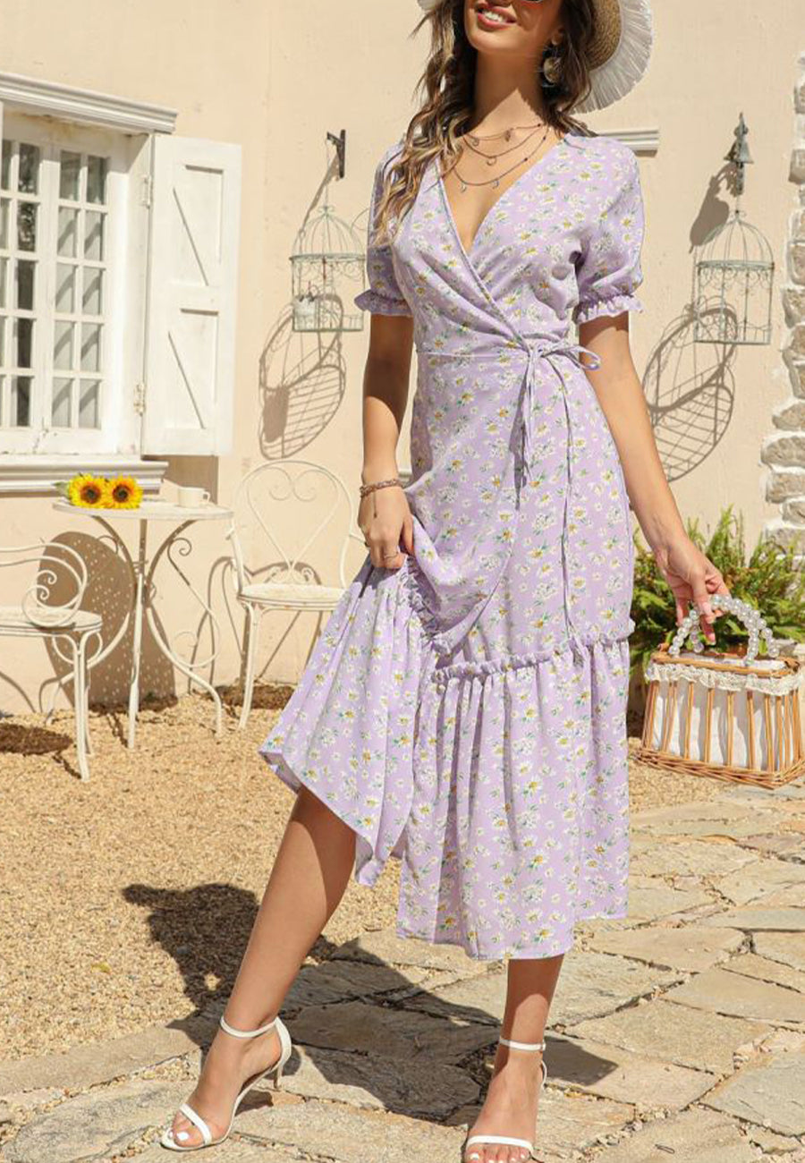 V Neck Neck Daisy Print Midi Dress