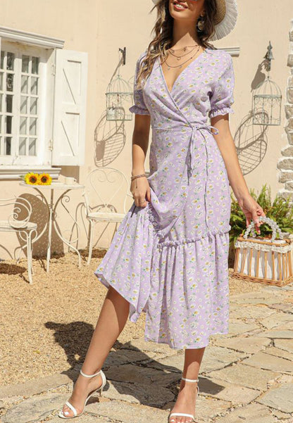V Neck Neck Daisy Print Midi Dress