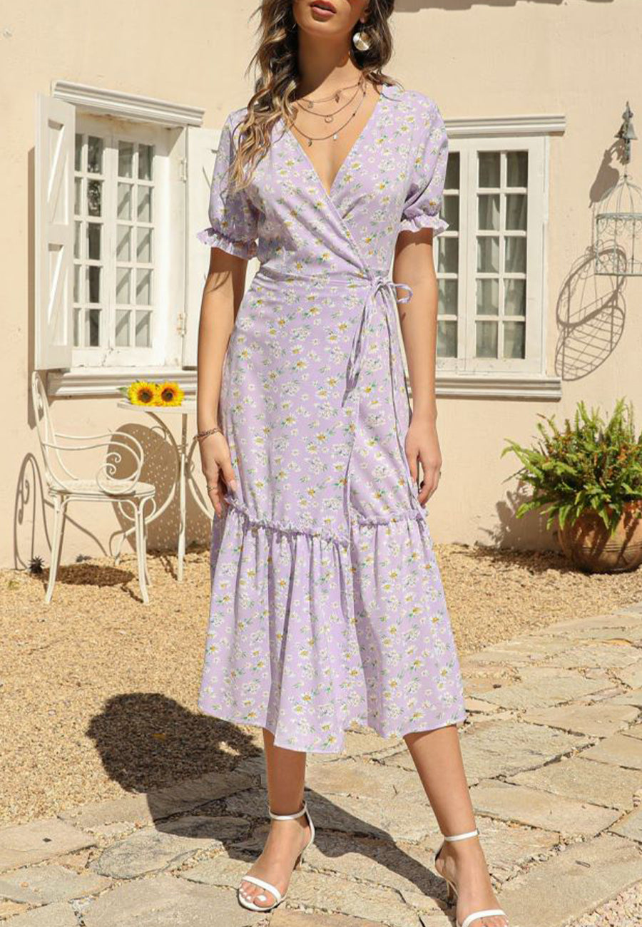 V Neck Neck Daisy Print Midi Dress