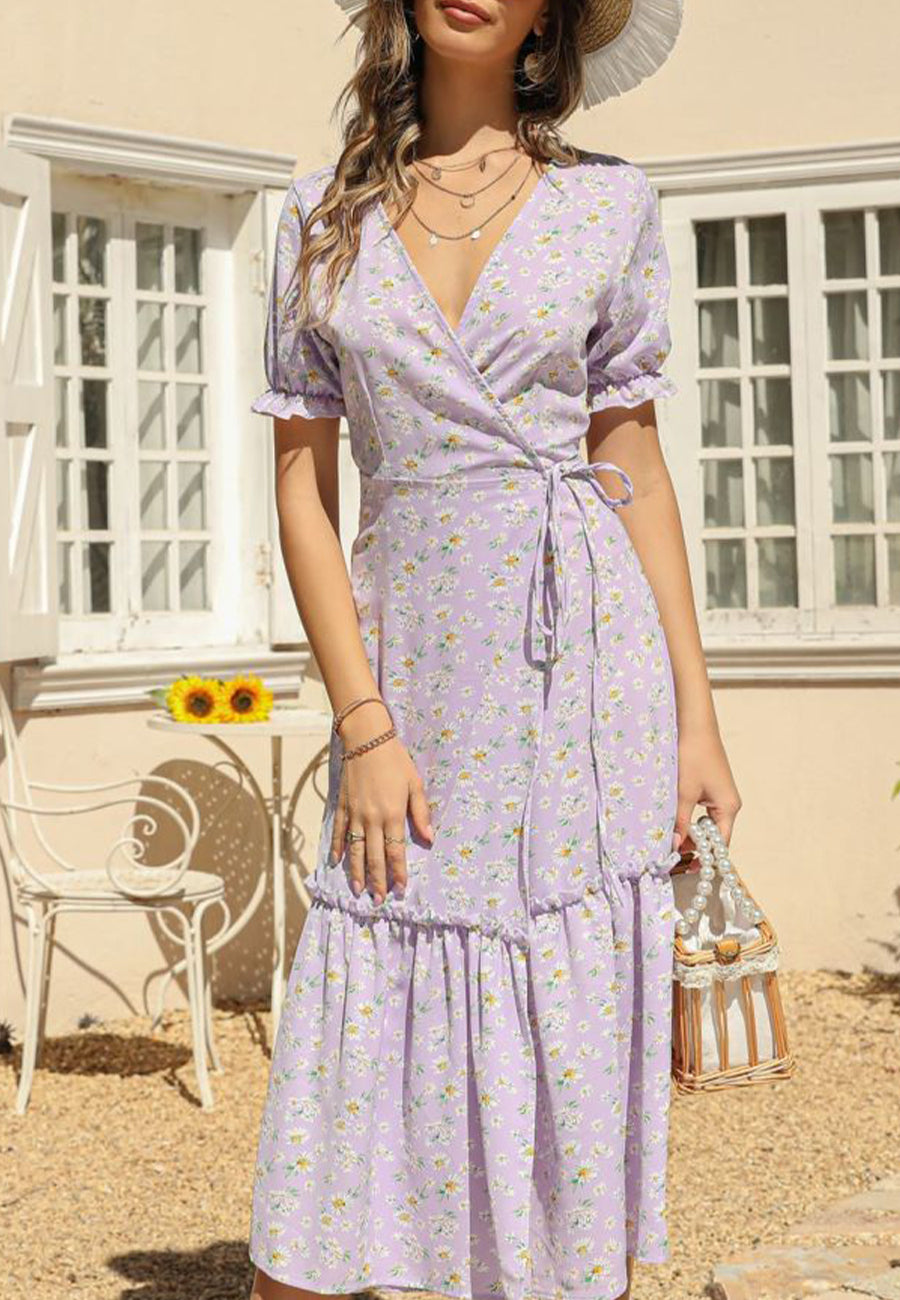 V Neck Neck Daisy Print Midi Dress