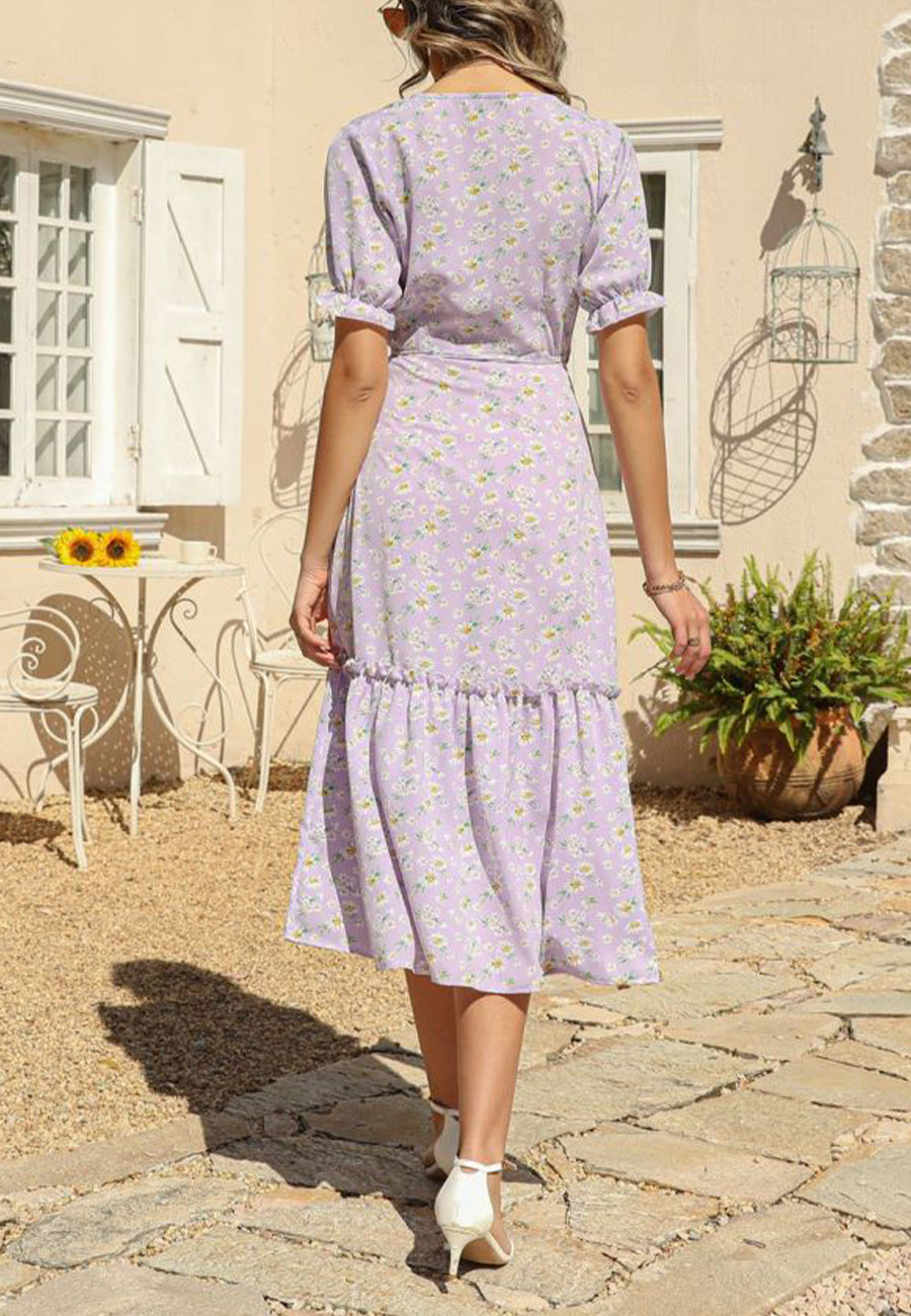V Neck Neck Daisy Print Midi Dress