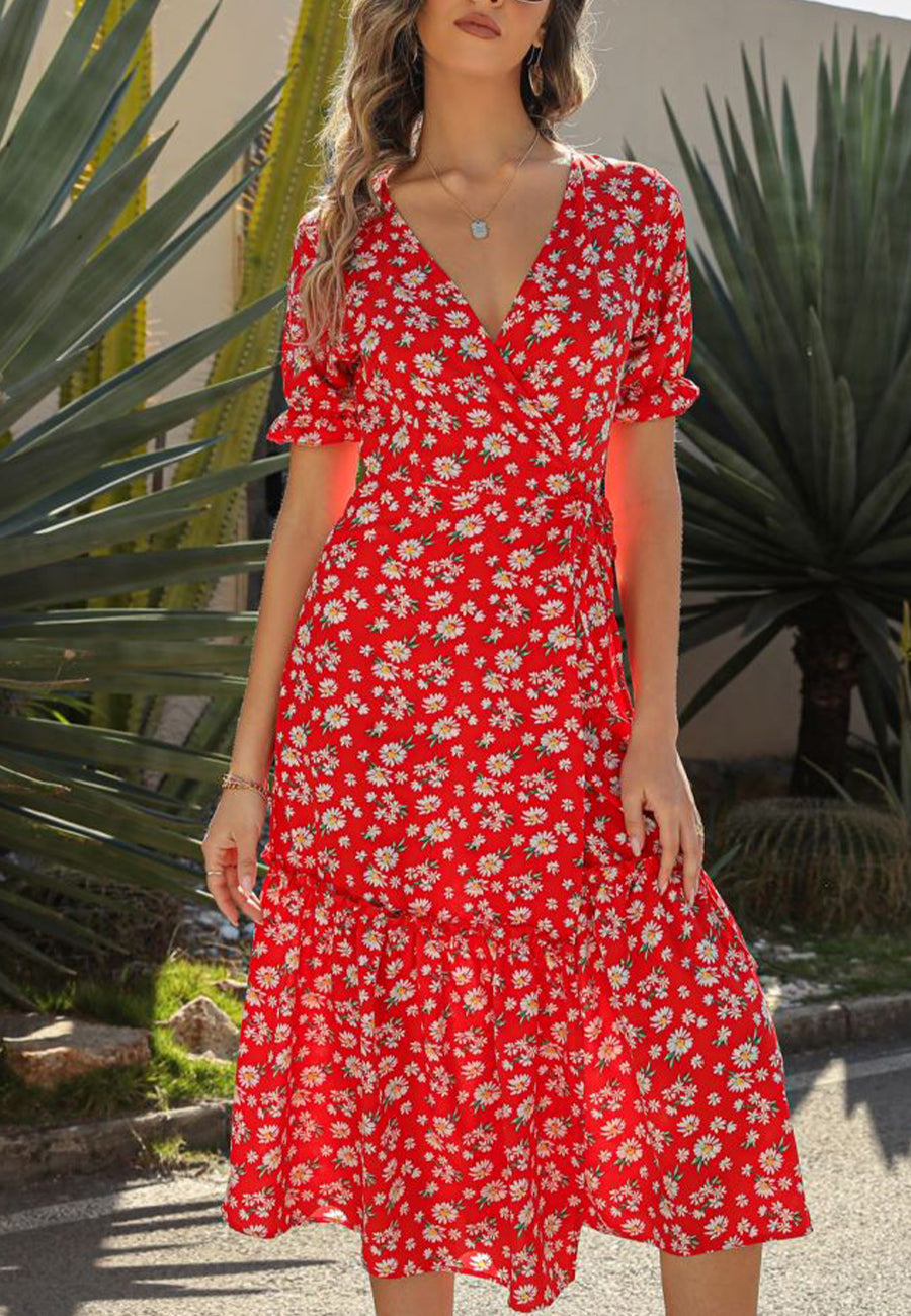 V Neck Neck Daisy Print Midi Dress