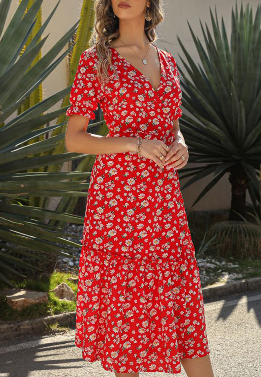 V Neck Neck Daisy Print Midi Dress