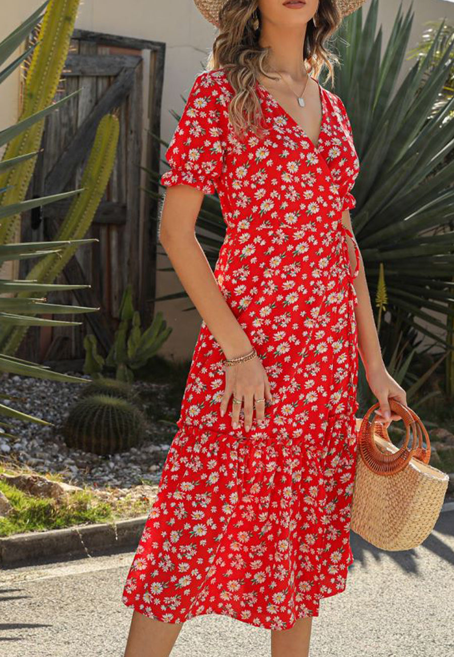 V Neck Neck Daisy Print Midi Dress