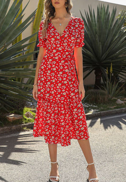 V Neck Neck Daisy Print Midi Dress