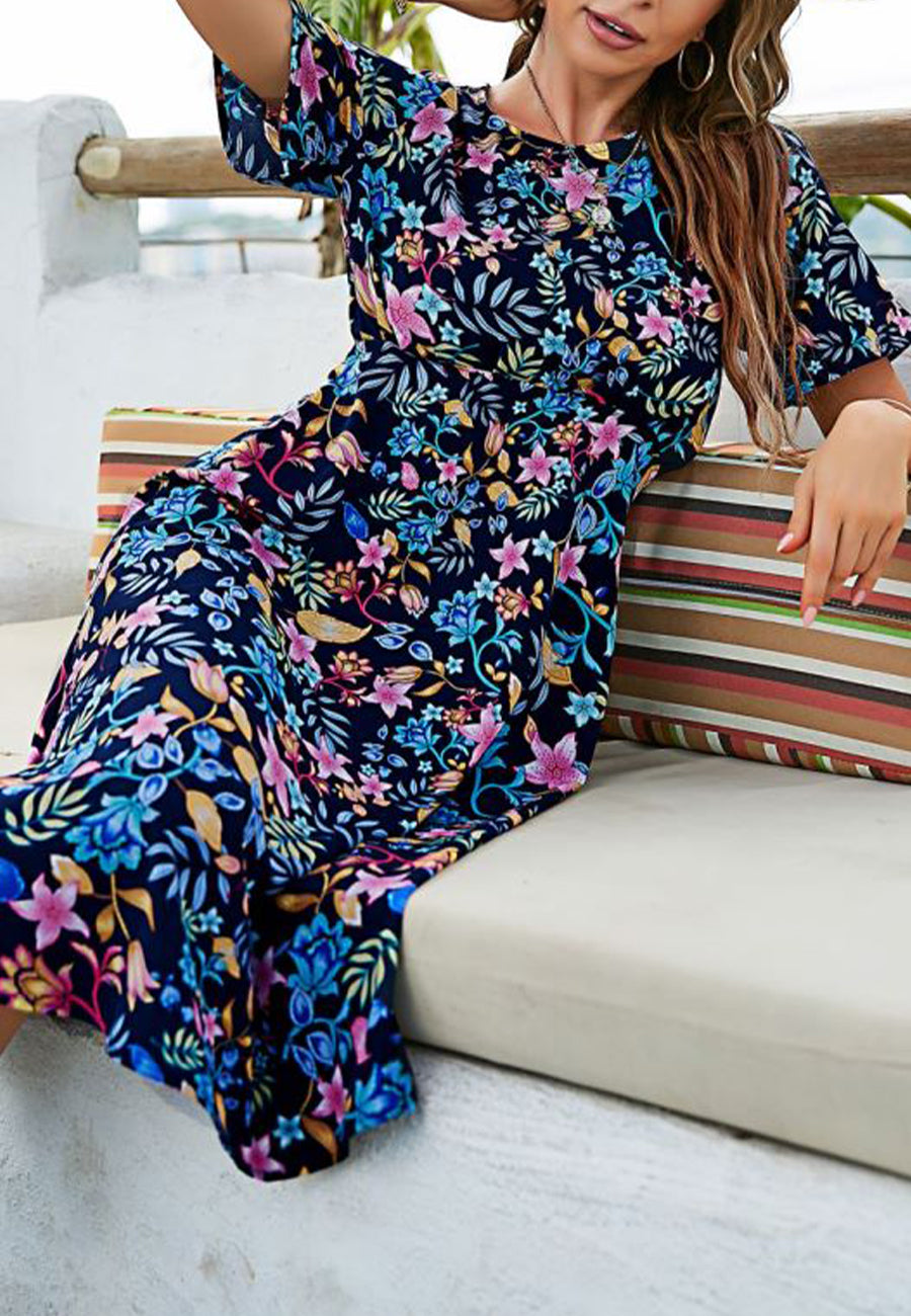 Pleated Waist Floral Print Dress