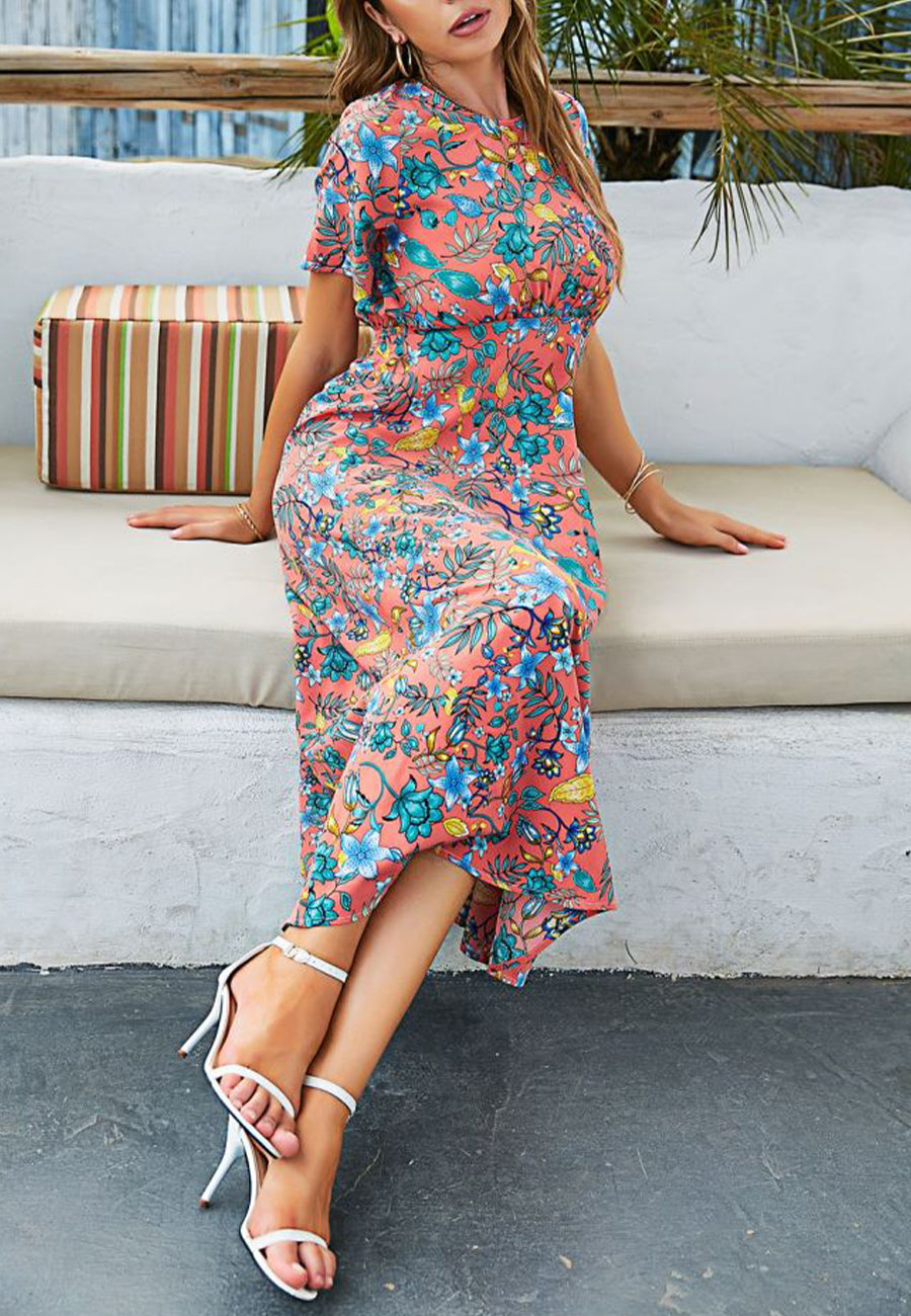 Pleated Waist Floral Print Dress