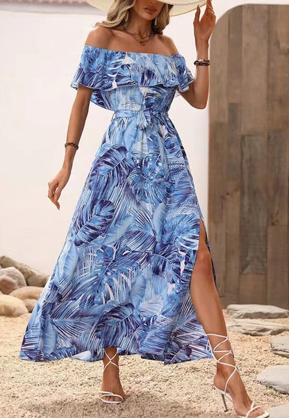 Vacation Tropical Floral Print Off Shoulder Maxi Dress