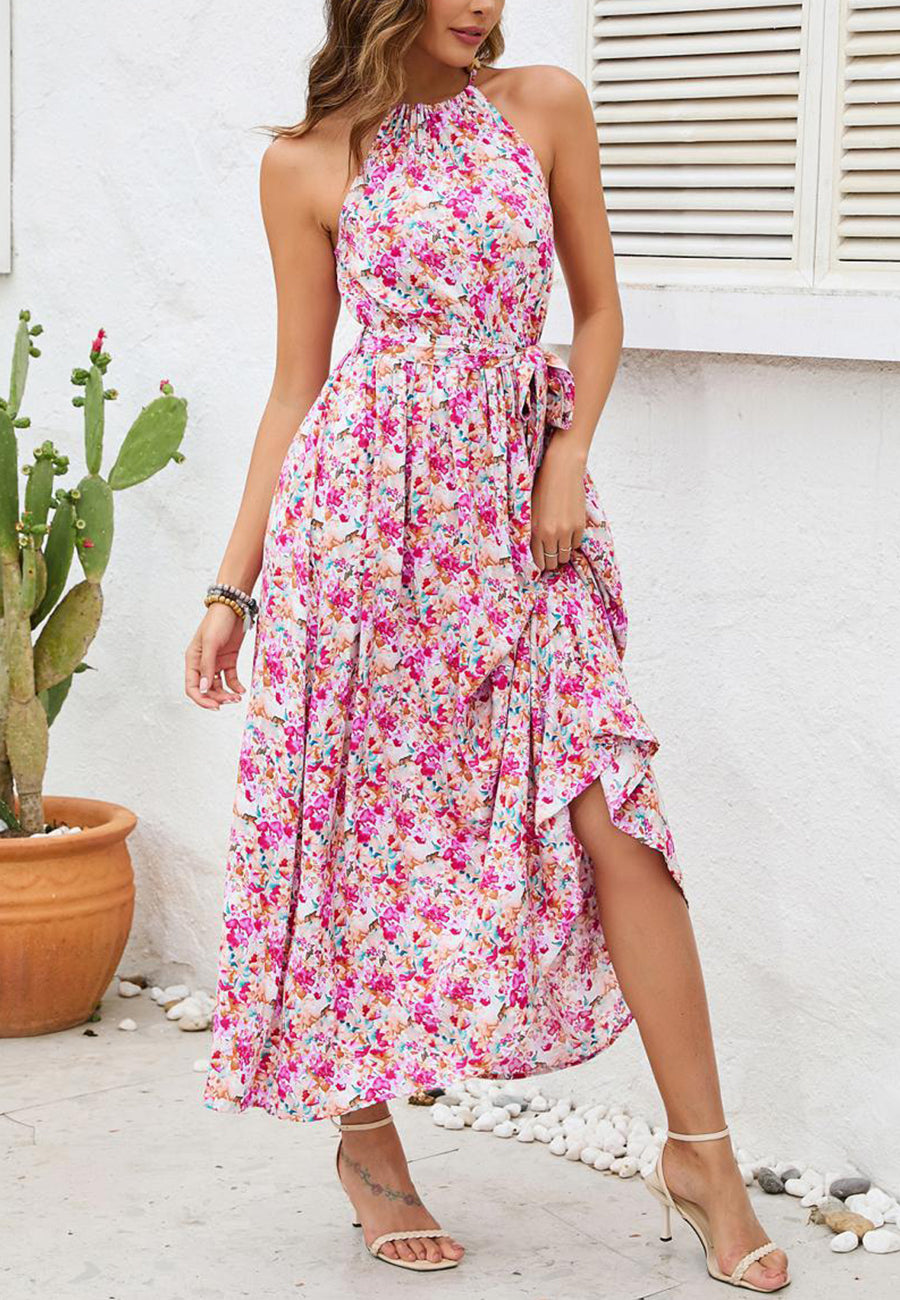 Vestido largo con cinturón anudado y estampado floral estilo halter