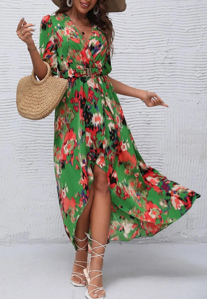 Abstract Print Belted Hi-Low Dress