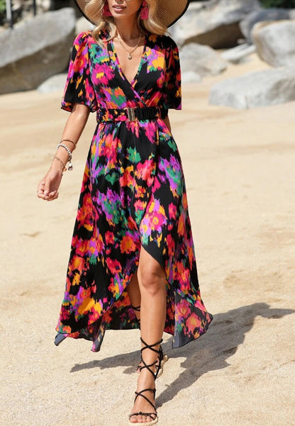 Abstract Print Belted Hi-Low Dress