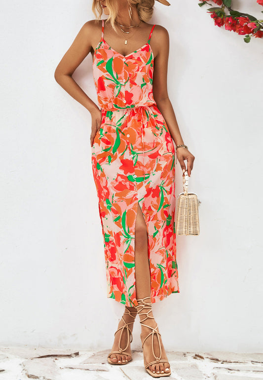 Abstract Floral Print V Neck Dress