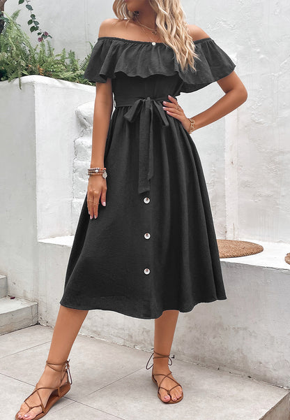 Off-Shoulder Contrast Button Front Dress