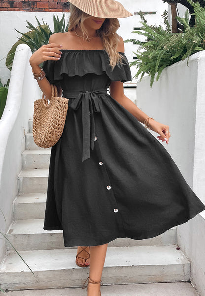 Off-Shoulder Contrast Button Front Dress