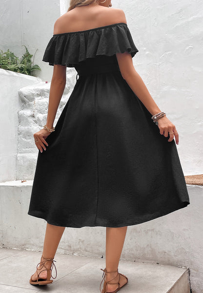 Off-Shoulder Contrast Button Front Dress