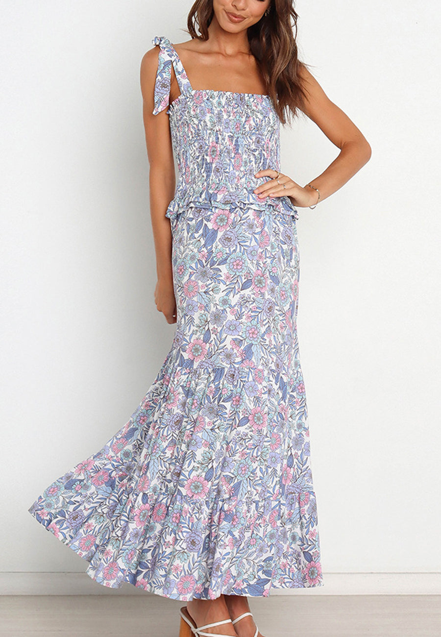 Vestido fruncido con estampado floral y lazo en los hombros