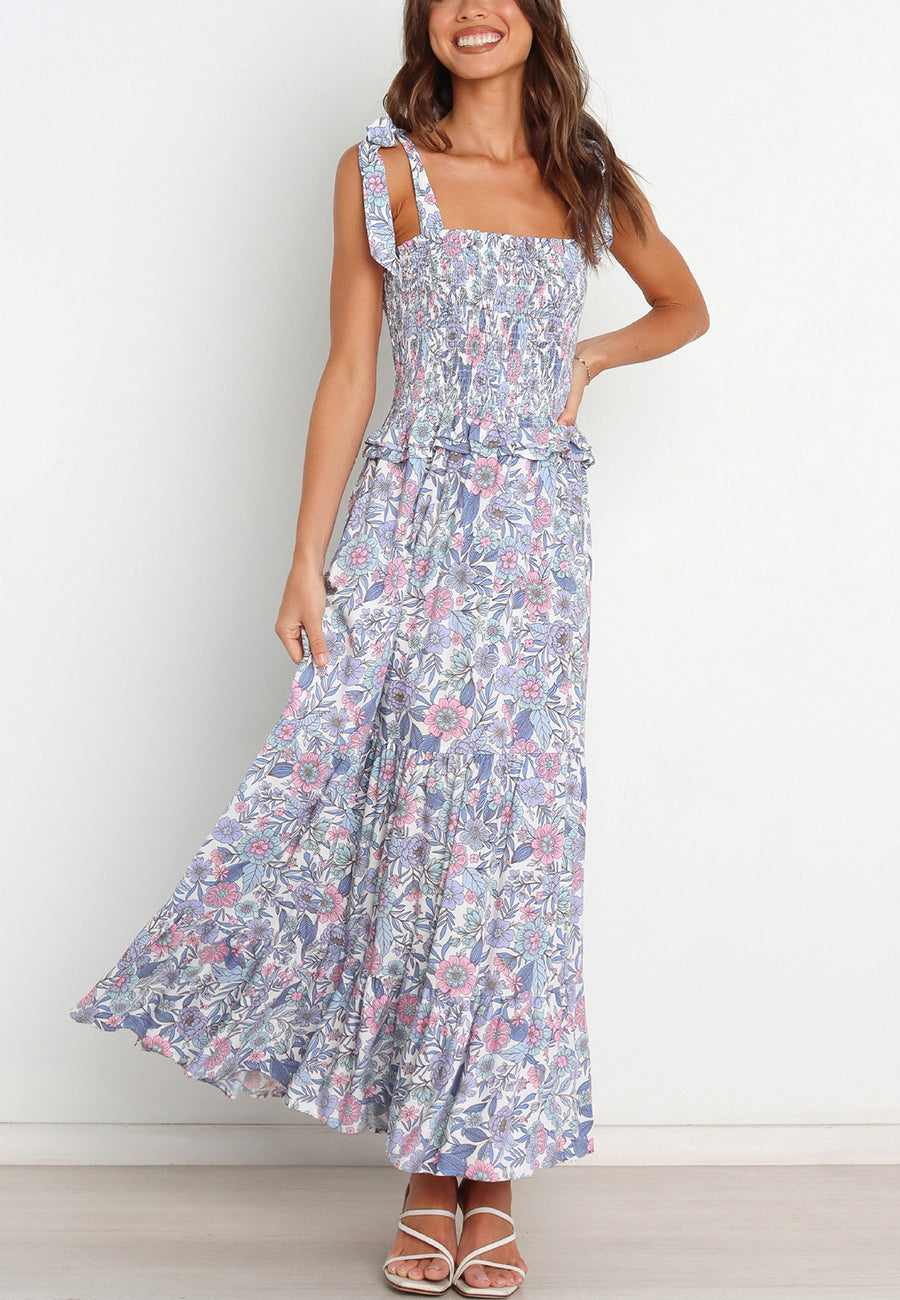 Vestido fruncido con estampado floral y lazo en los hombros