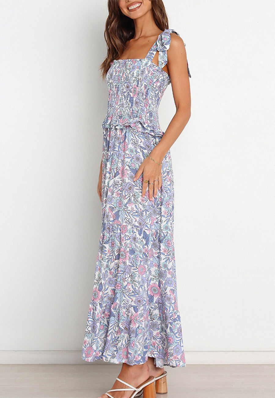 Vestido fruncido con estampado floral y lazo en los hombros