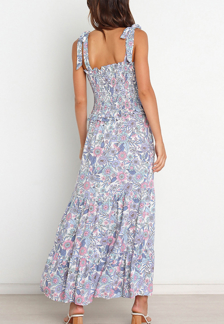 Vestido fruncido con estampado floral y lazo en los hombros