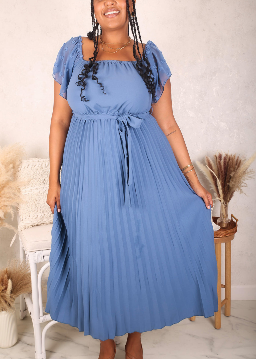 plus size pleated dress Plus Size Off-Shoulder Pleated Dress, Blue