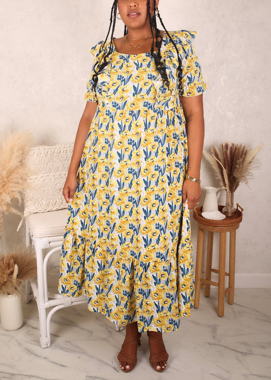 Vestido con volantes en la parte delantera, talla grande, amarillo