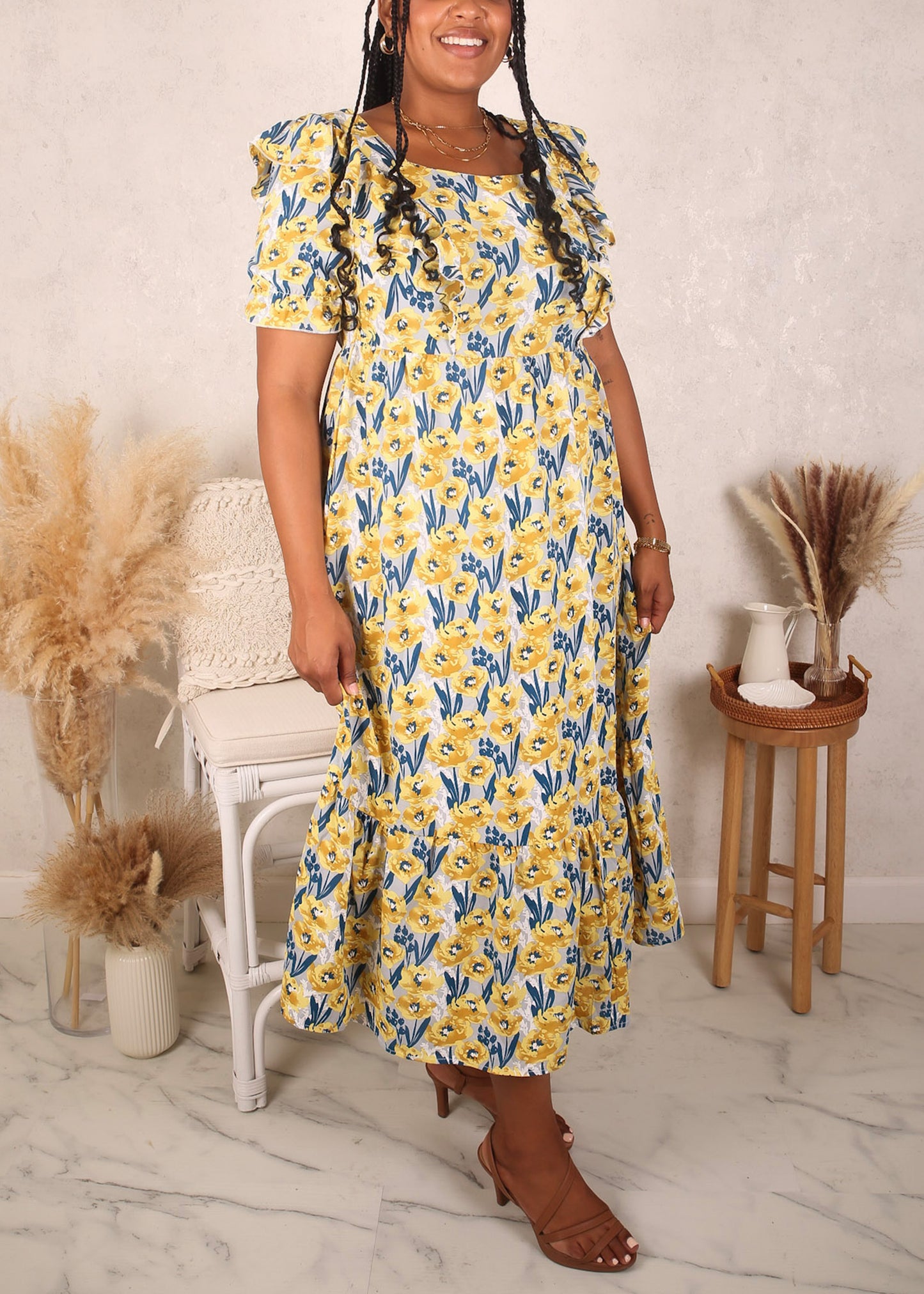 Vestido con volantes en la parte delantera, talla grande, amarillo
