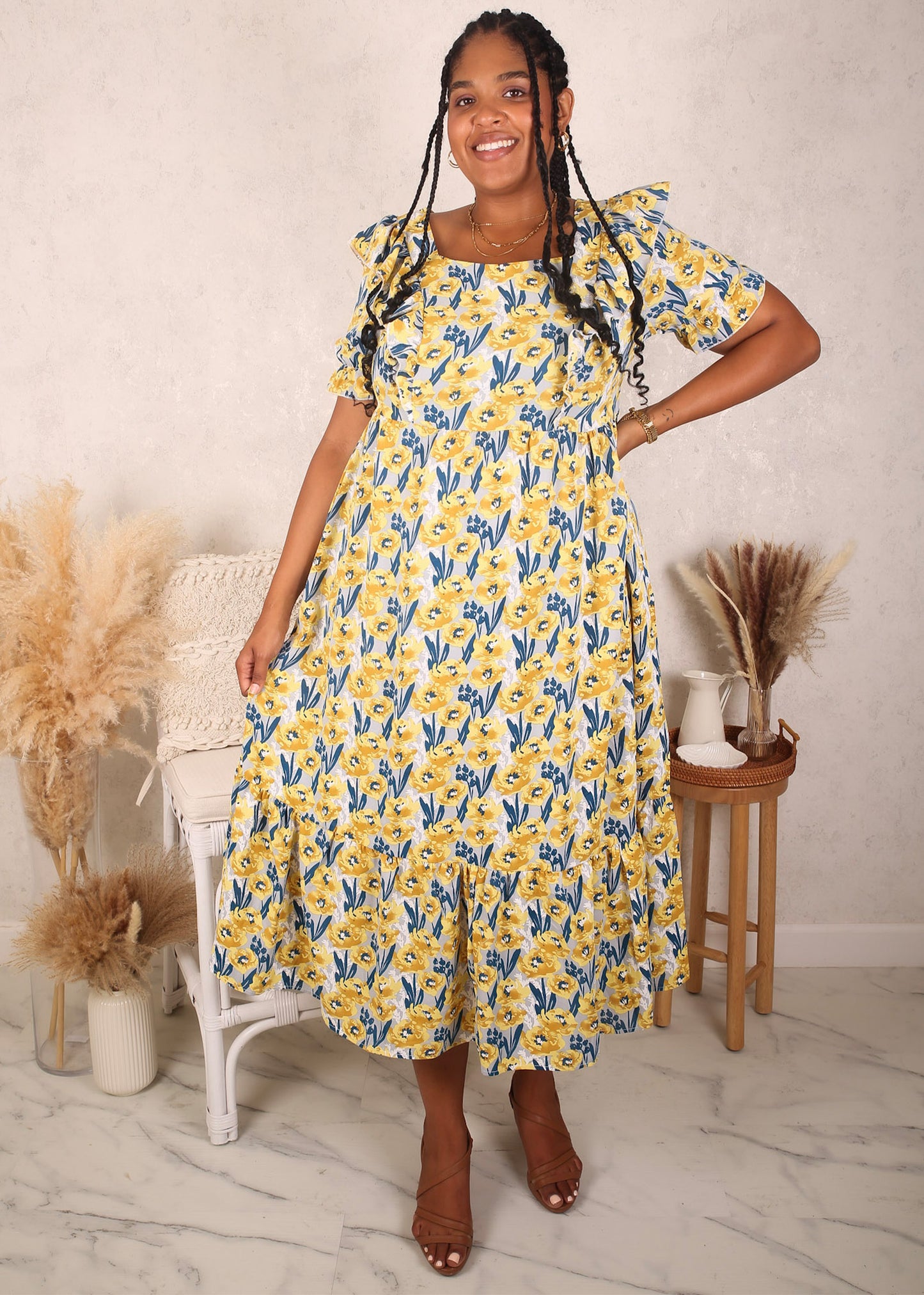 Vestido con volantes en la parte delantera, talla grande, amarillo