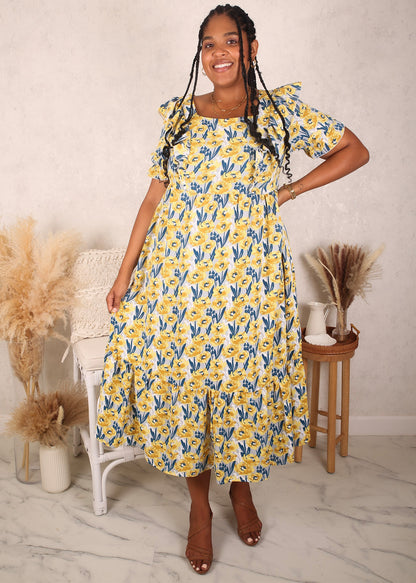 Vestido con volantes en la parte delantera, talla grande, amarillo