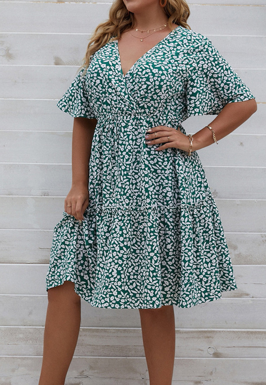 Plus Size Floral Surplice Neck Dress