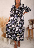 Vestido floral con mangas al codo, talla grande, color negro