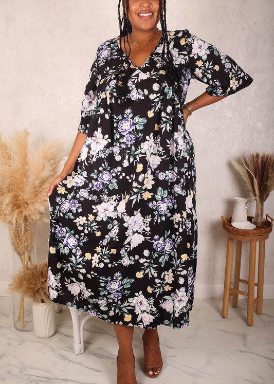 Vestido floral con mangas al codo, talla grande, color negro
