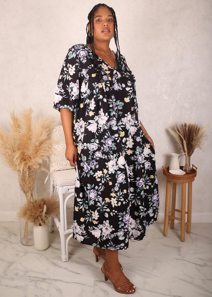 Vestido floral con mangas al codo, talla grande, color negro