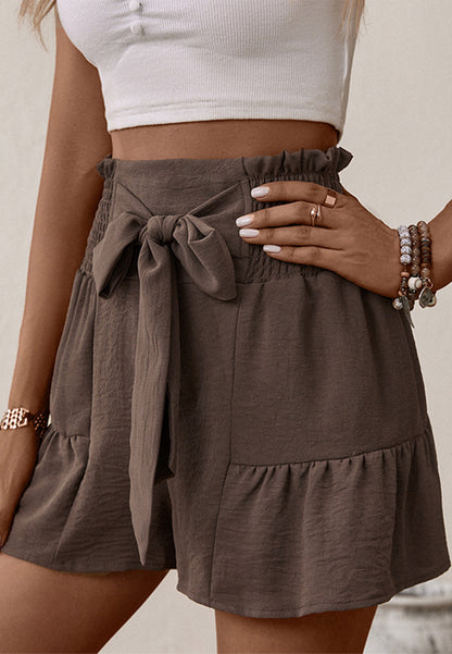 Shirred Tie Waist Ruffle Shorts