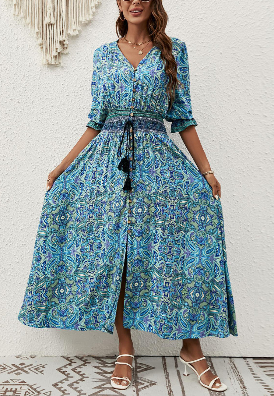 Vestido con botones y estampado tribal