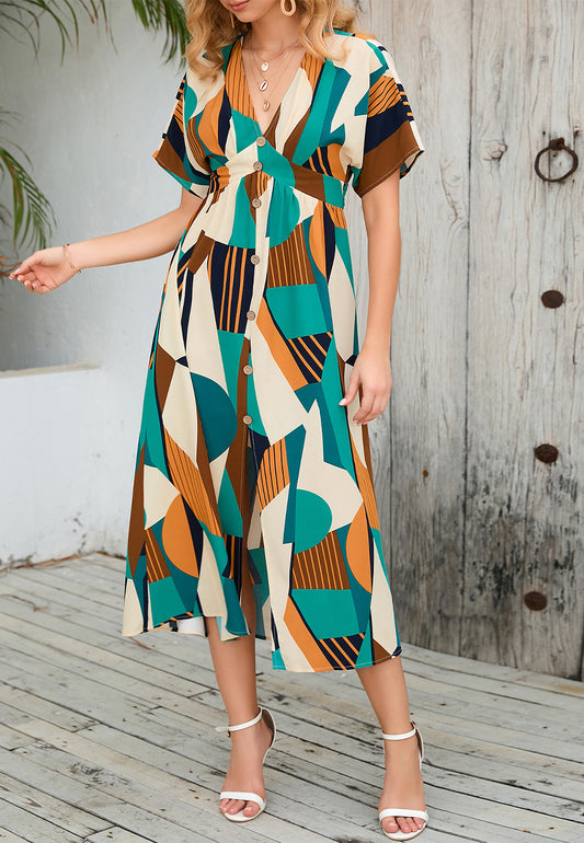 Abstract Print Button Down Dress