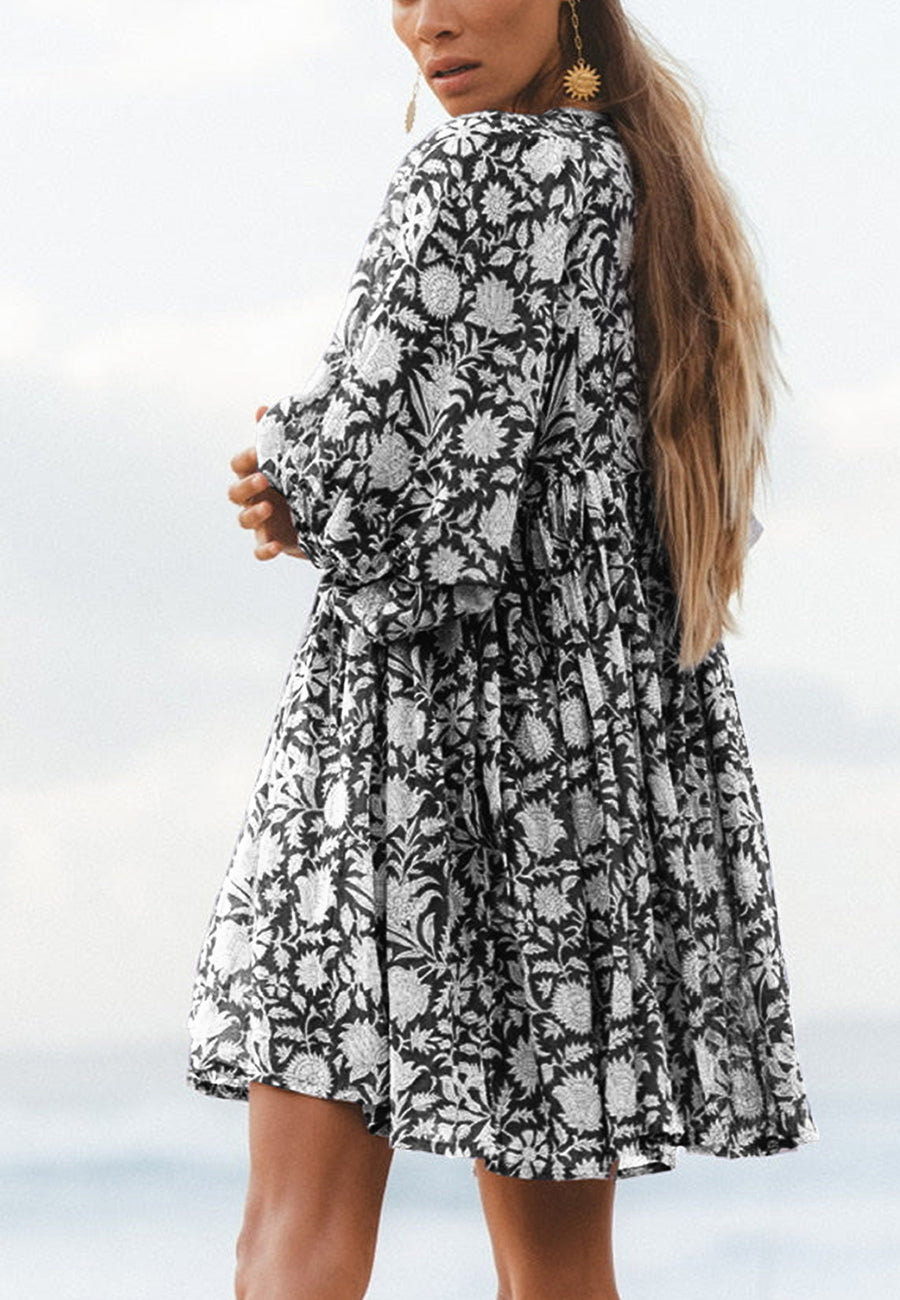 Floral Print Dolman Sleeves Pleated Dress