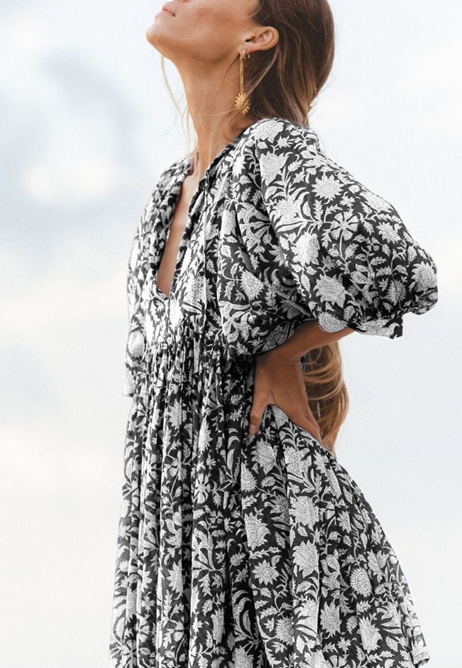 Floral Print Dolman Sleeves Pleated Dress