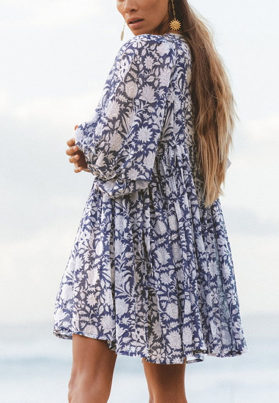 Floral Print Dolman Sleeves Pleated Dress