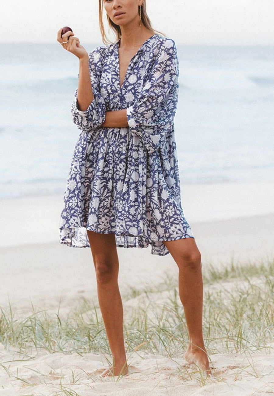 Floral Print Dolman Sleeves Pleated Dress