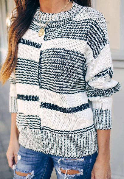 Multi-Striped Textured Drop Shoulder Sweater